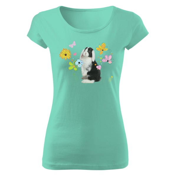 Tričko s potiskem Králík v kytkách s motýli